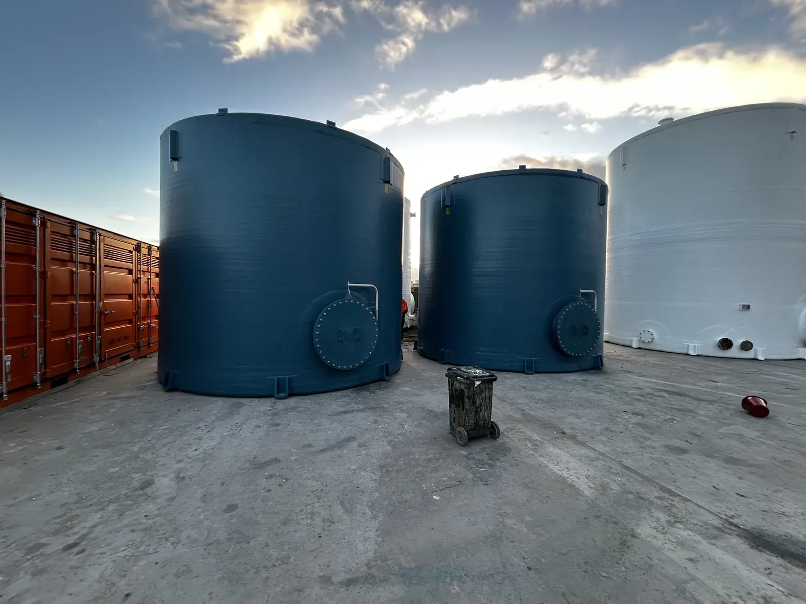 Blue FRP sodium hydroxide storage tanks built for Veolia