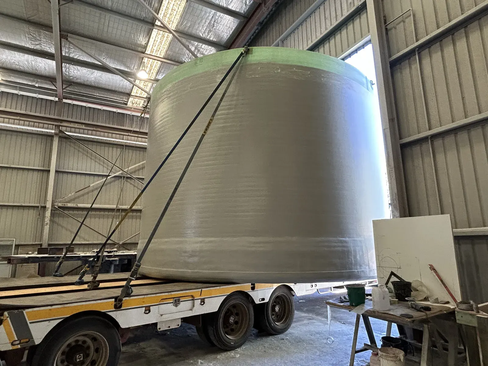 Large-diameter FRP tank shell inside the GRP factory